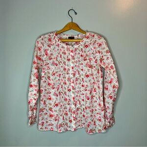 TALBOTS Floral Romantic Long Sleeve Blouse WS Ivory and Pink W/ Pleats Ruffles